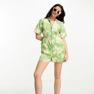 ASOS DESIGN linen look zip through utility playsuit in tropical print